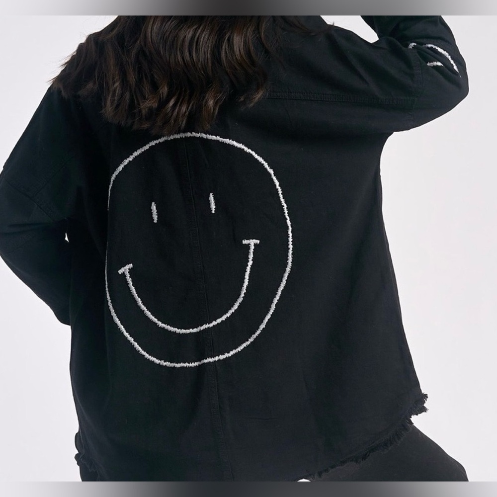Elan Women’s Black Bomber Jacket with White Smiley Design XS NWT